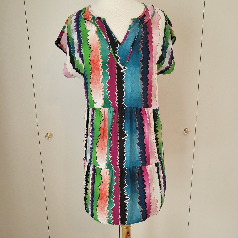 Marie Oliver Womens XS 100% Silk Mini Tiered Multicolored Art To Wear Dr…